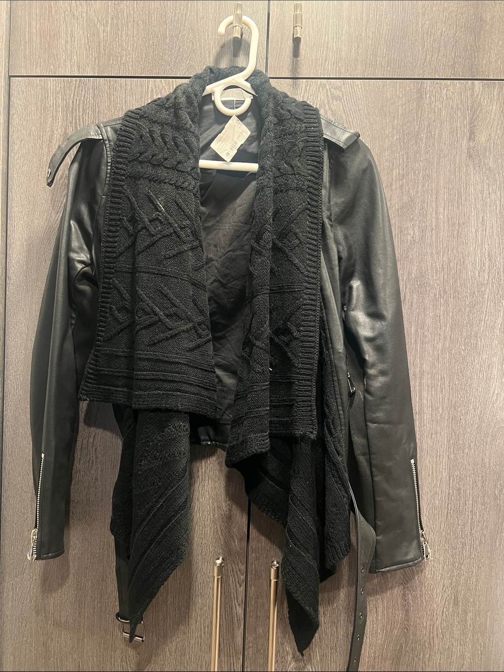 Women’s Black Knit-Trim Faux Leather Jacket